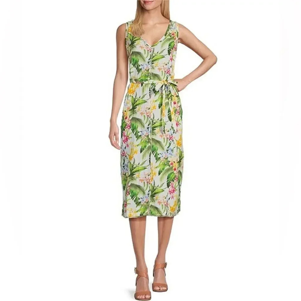 Tommy Bahama Breezy Blooms Sleeveless Belted Midi Dress Tropical Print M Cotton